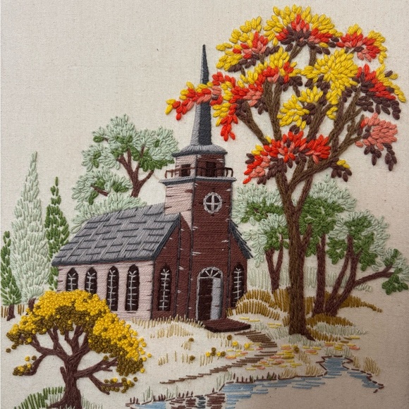 Handcrafted Church Scene Embroidery Art - Picture 2 of 4